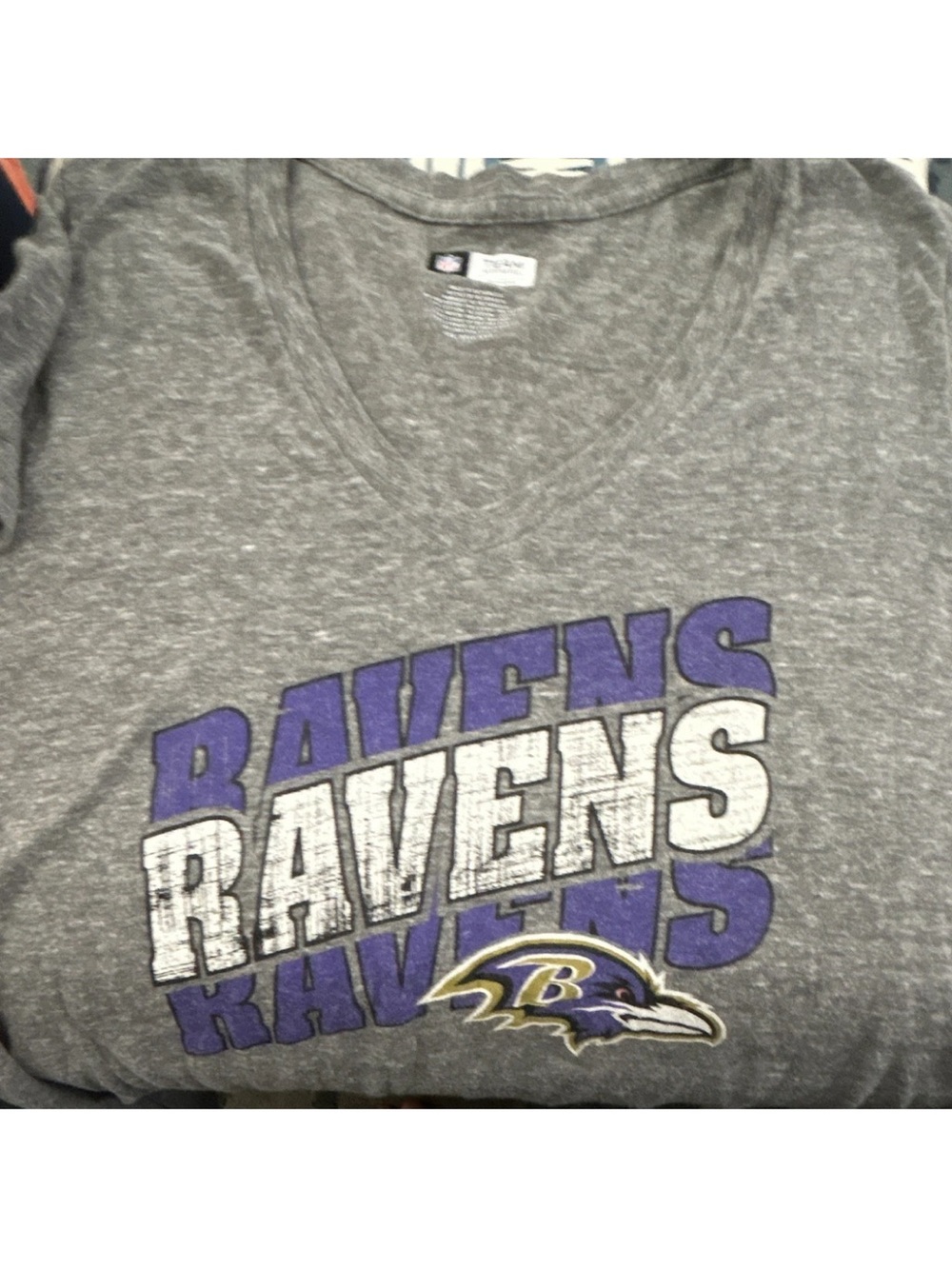 NFL Gray V-Neck Ravens Graphic Tee with Purple & White Logo